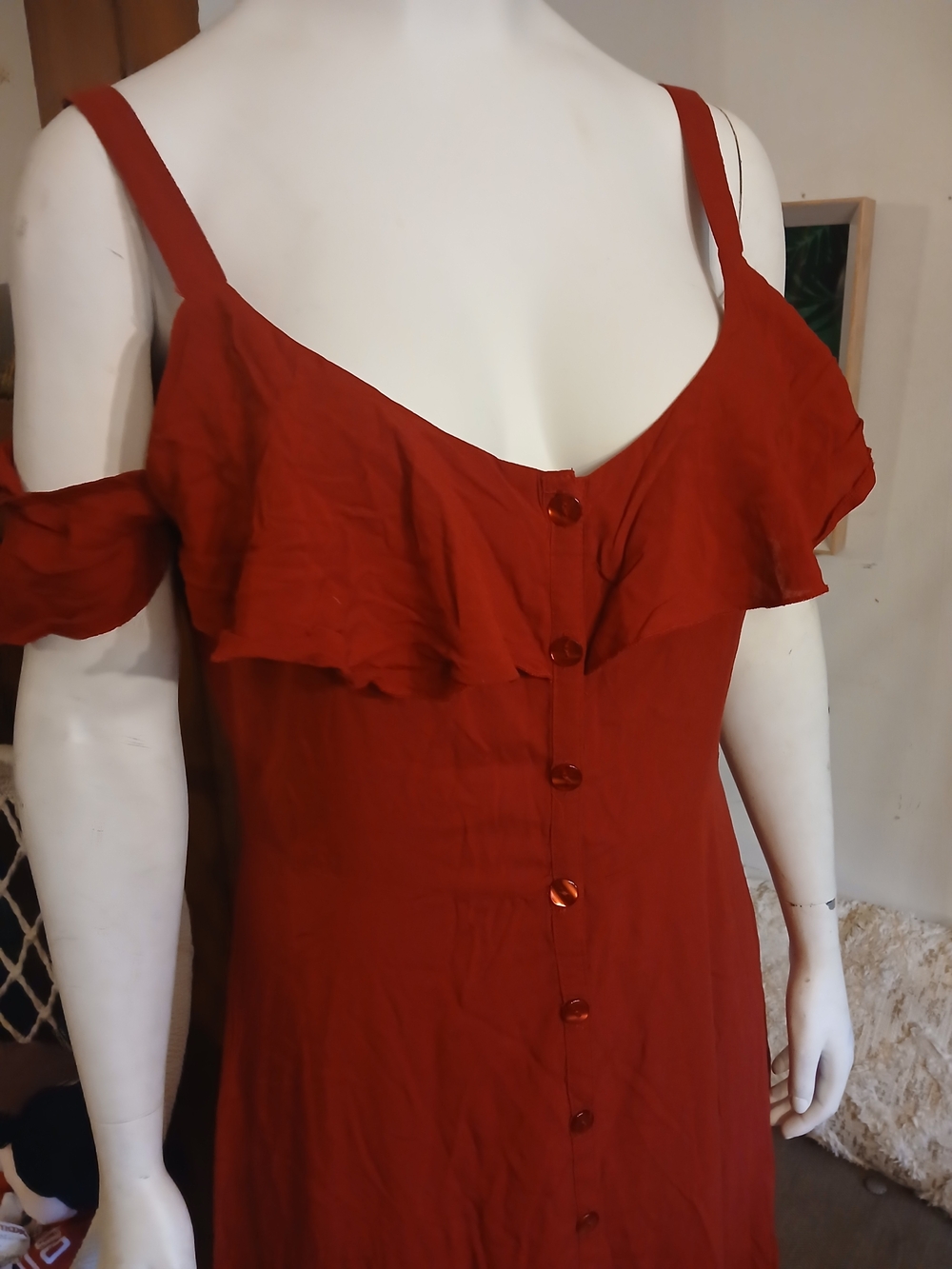 Women's Red Ruffle Button-Front Dress